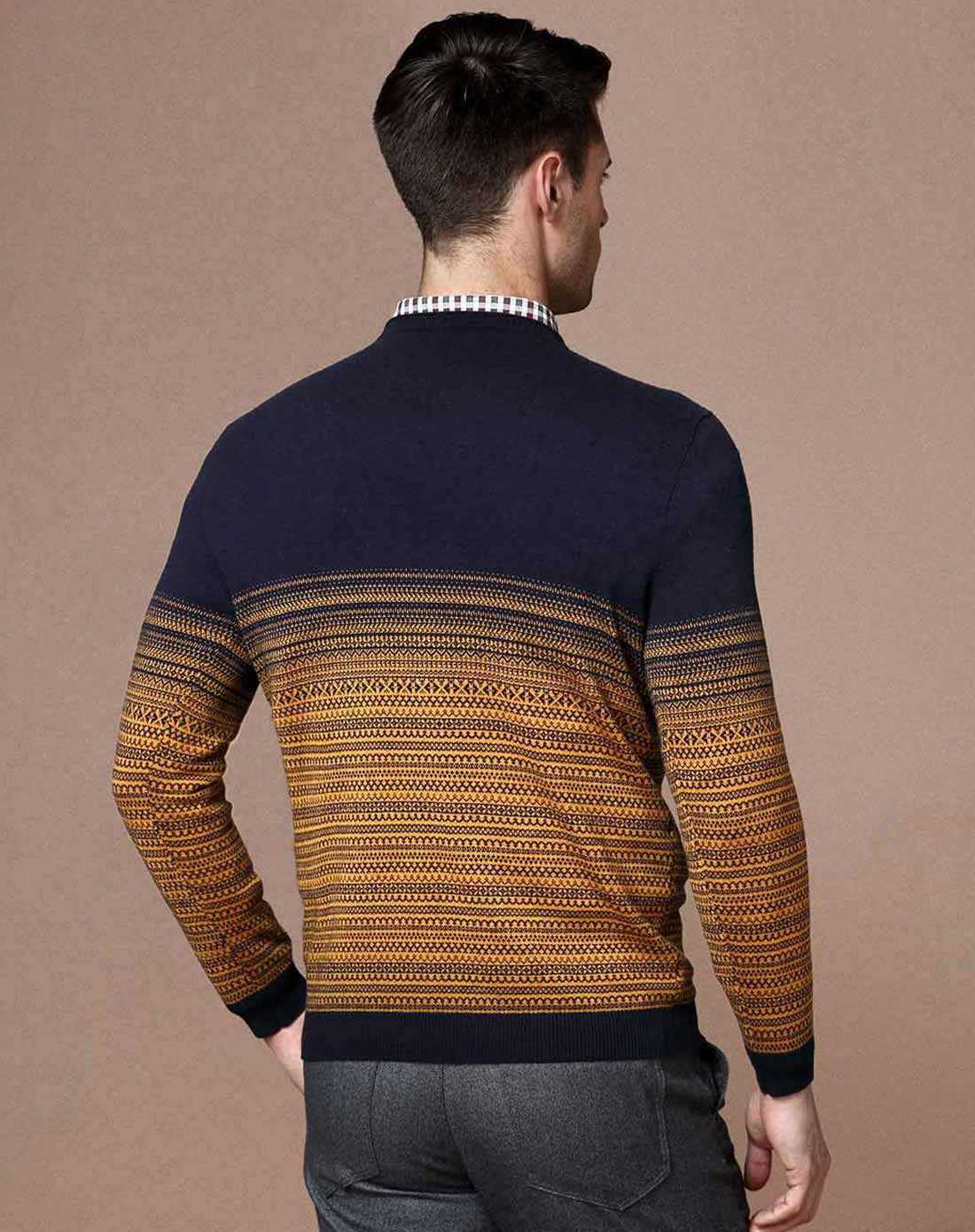 蓝色花形经典条纹渐变美利奴羊毛毛衣