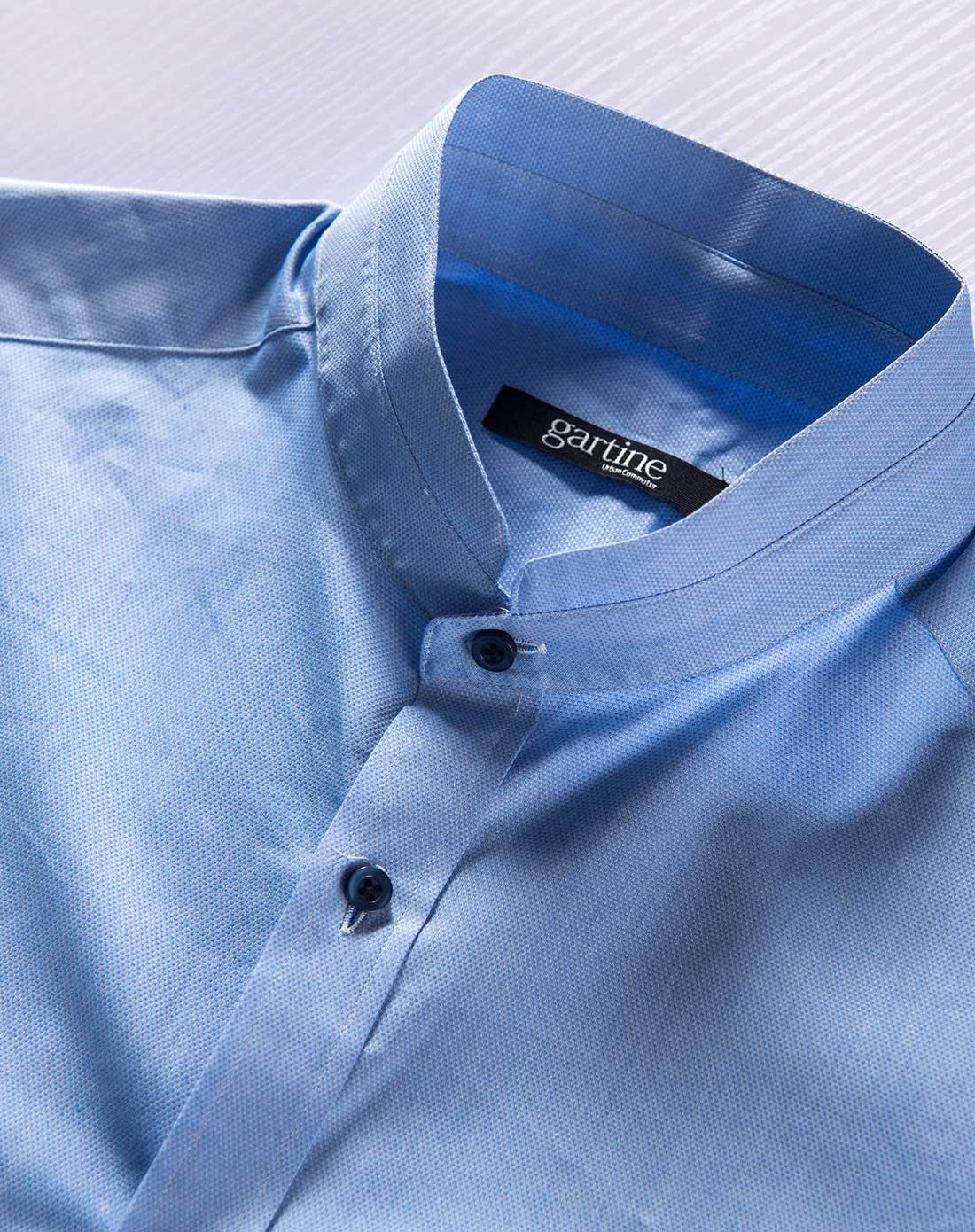 水蓝色纯棉提花修身立领衬衫