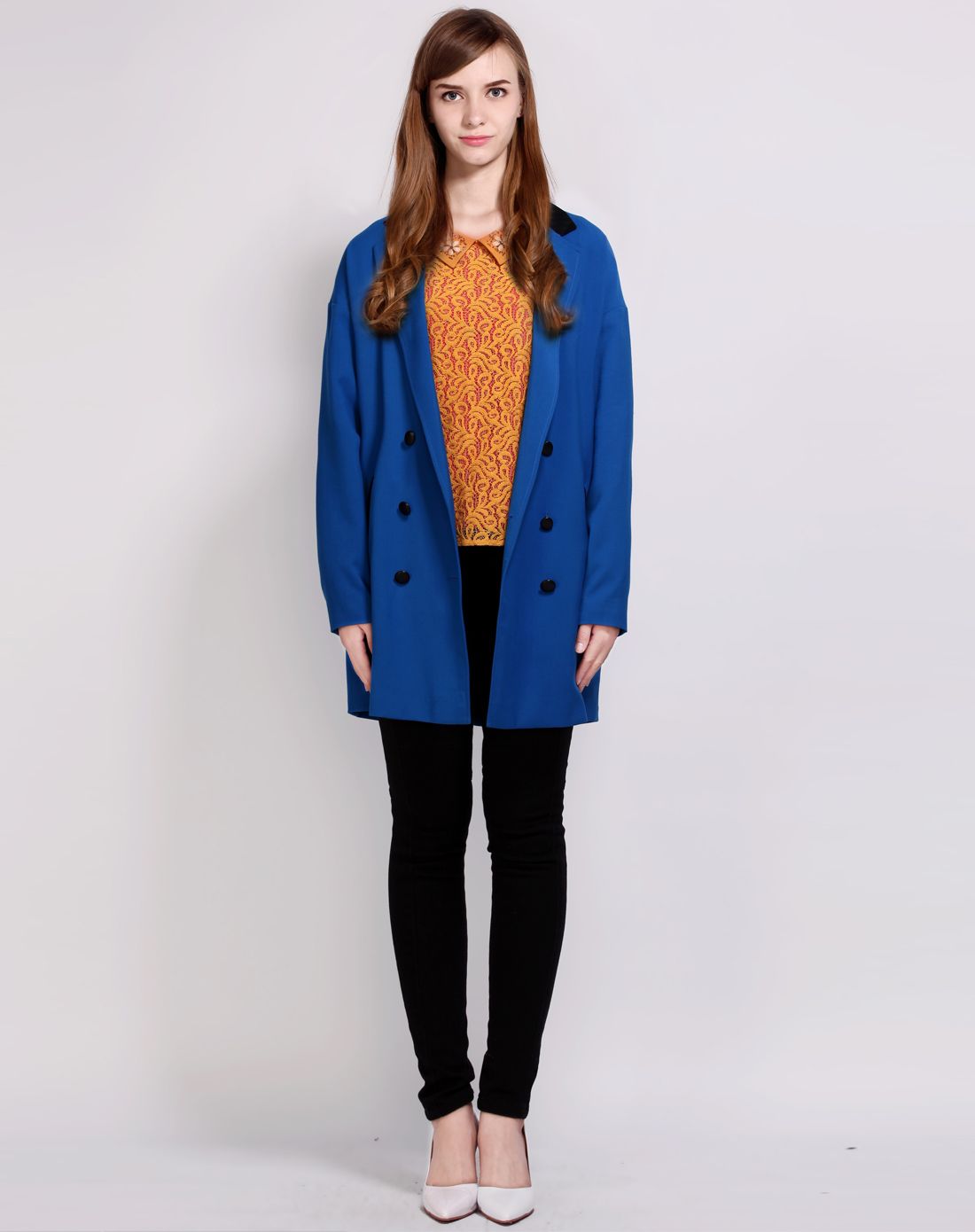 蓝色中长款韩版优雅双排扣大衣外套
