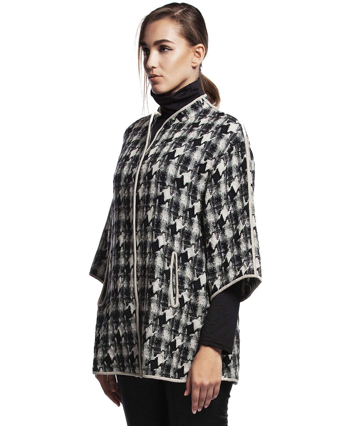 黑/白色经典千鸟格七分袖大衣