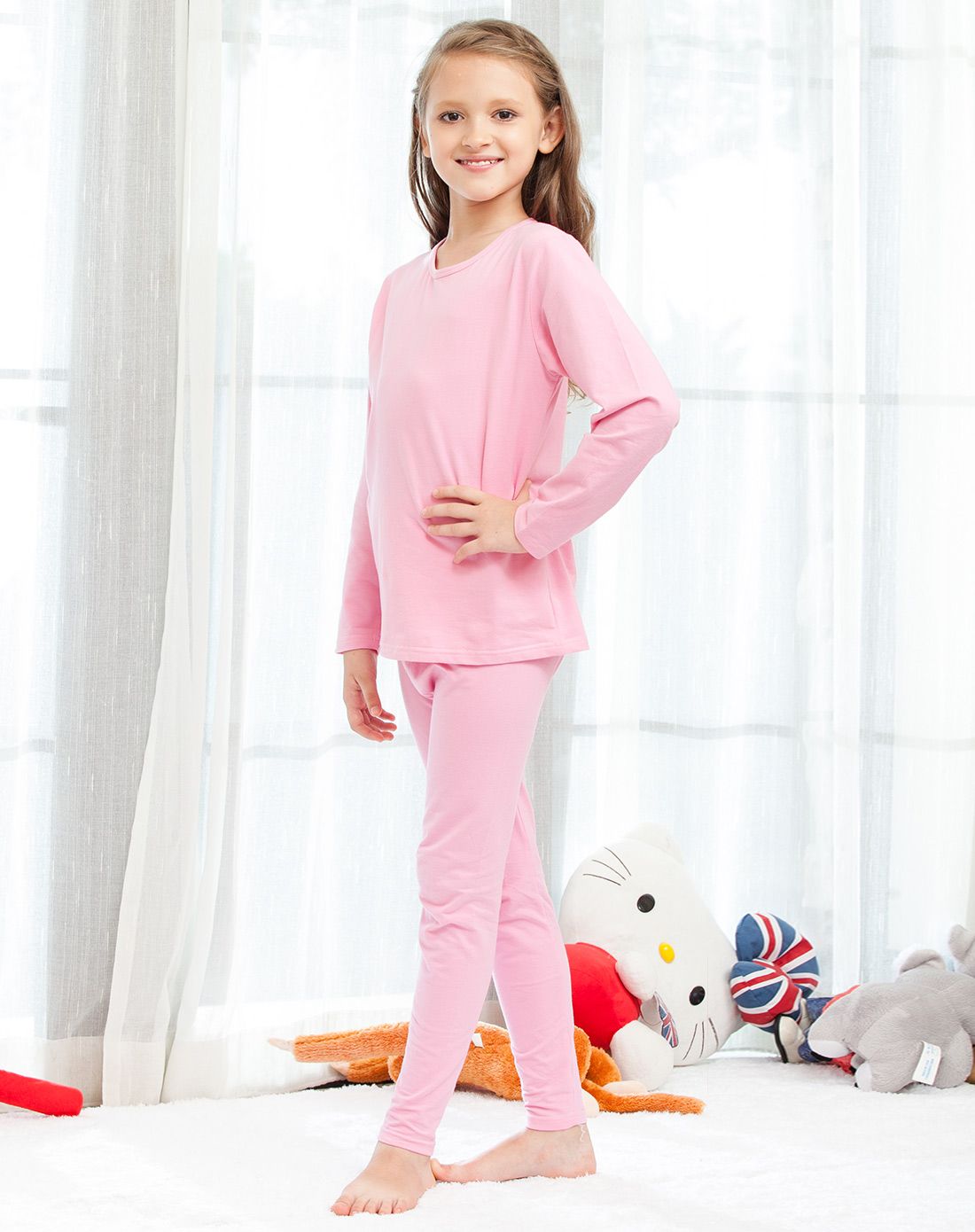 红豆居家女童粉色红豆棉内衣套装