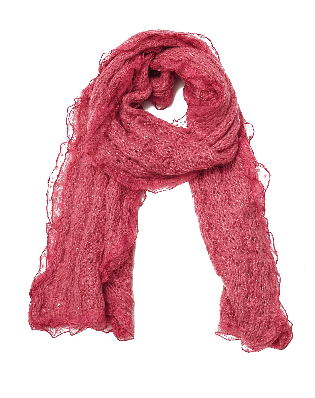 女款玫红色毛线蕾丝花边时尚围巾