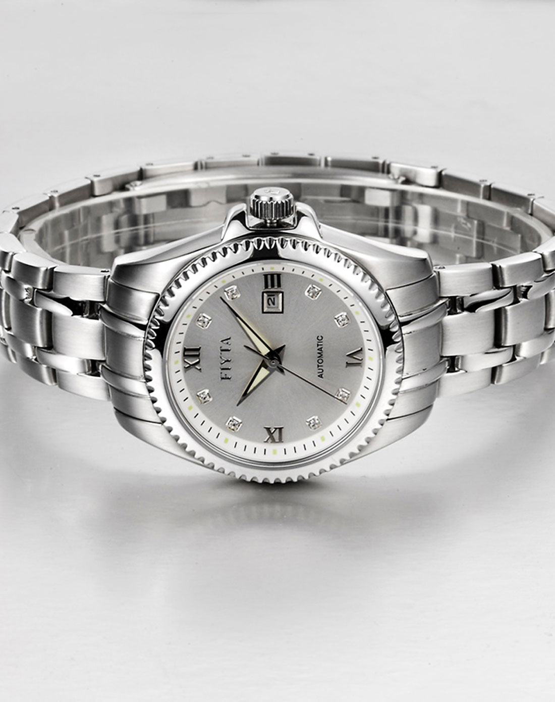 飞亚达fiyta手表专场-女款银白色闪钻时尚钢带机械表