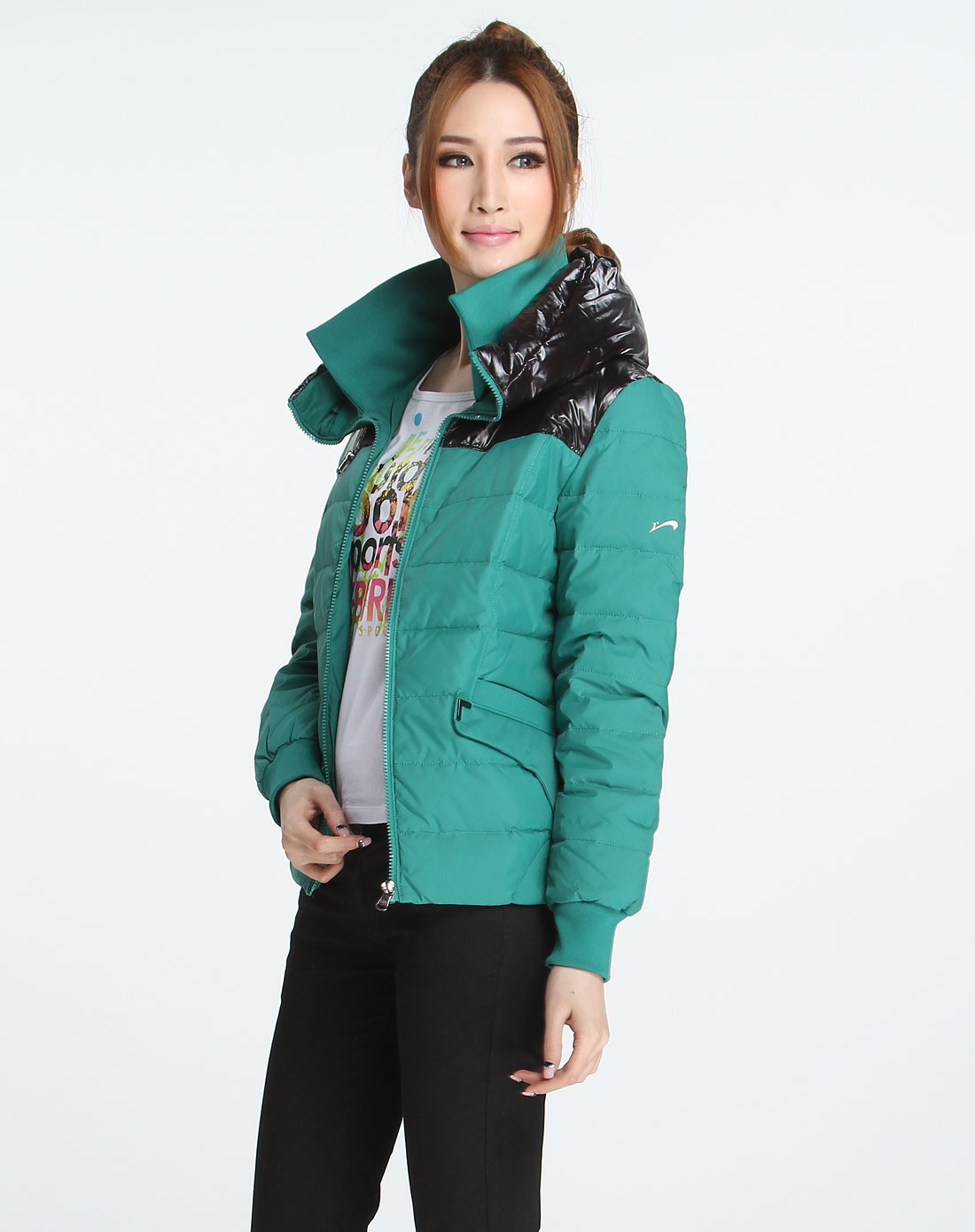 贵人鸟女士专场-绿黑色休闲长袖羽绒服