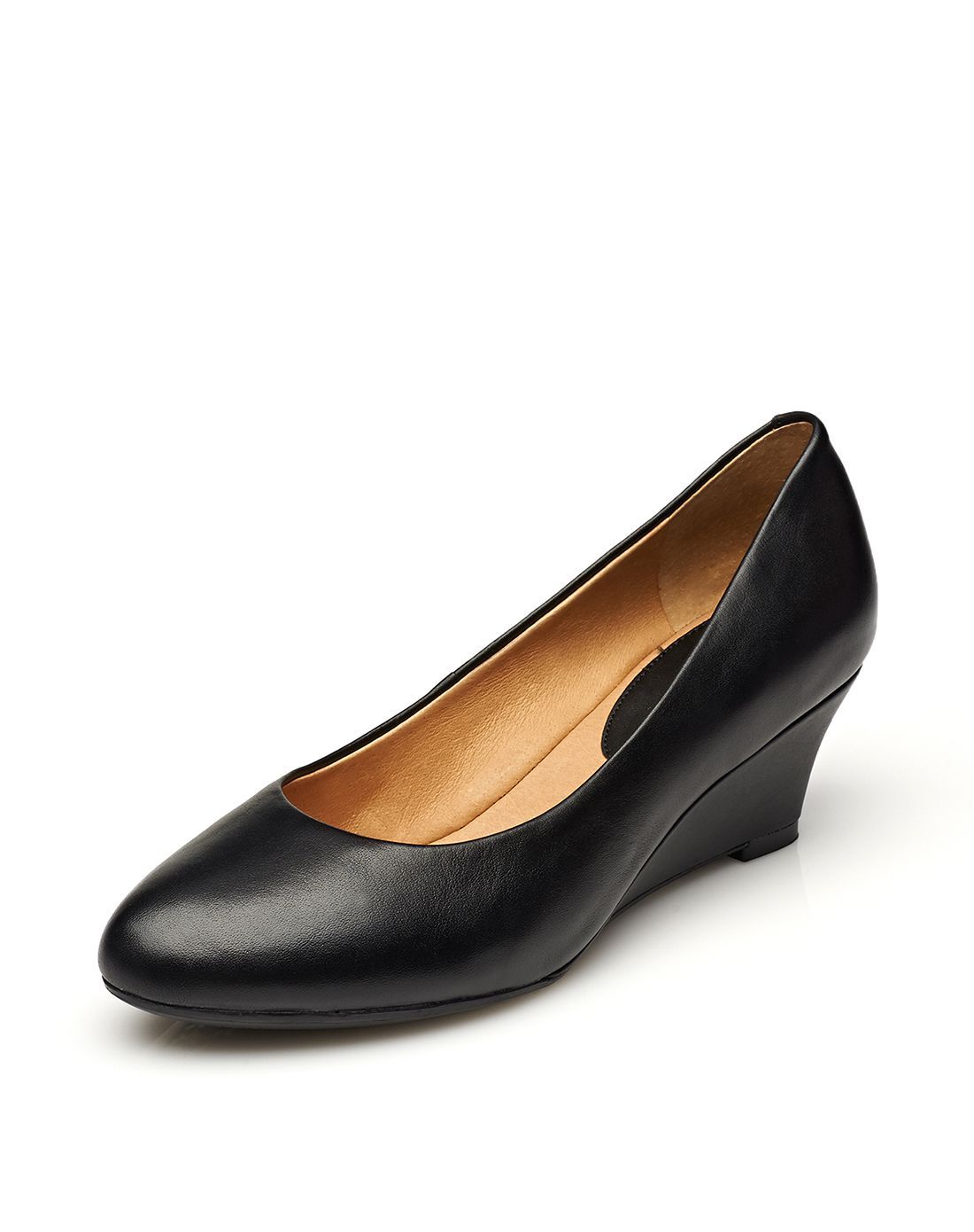 杜拉拉系列 圆头坡跟纯色牛皮套脚黑色单鞋