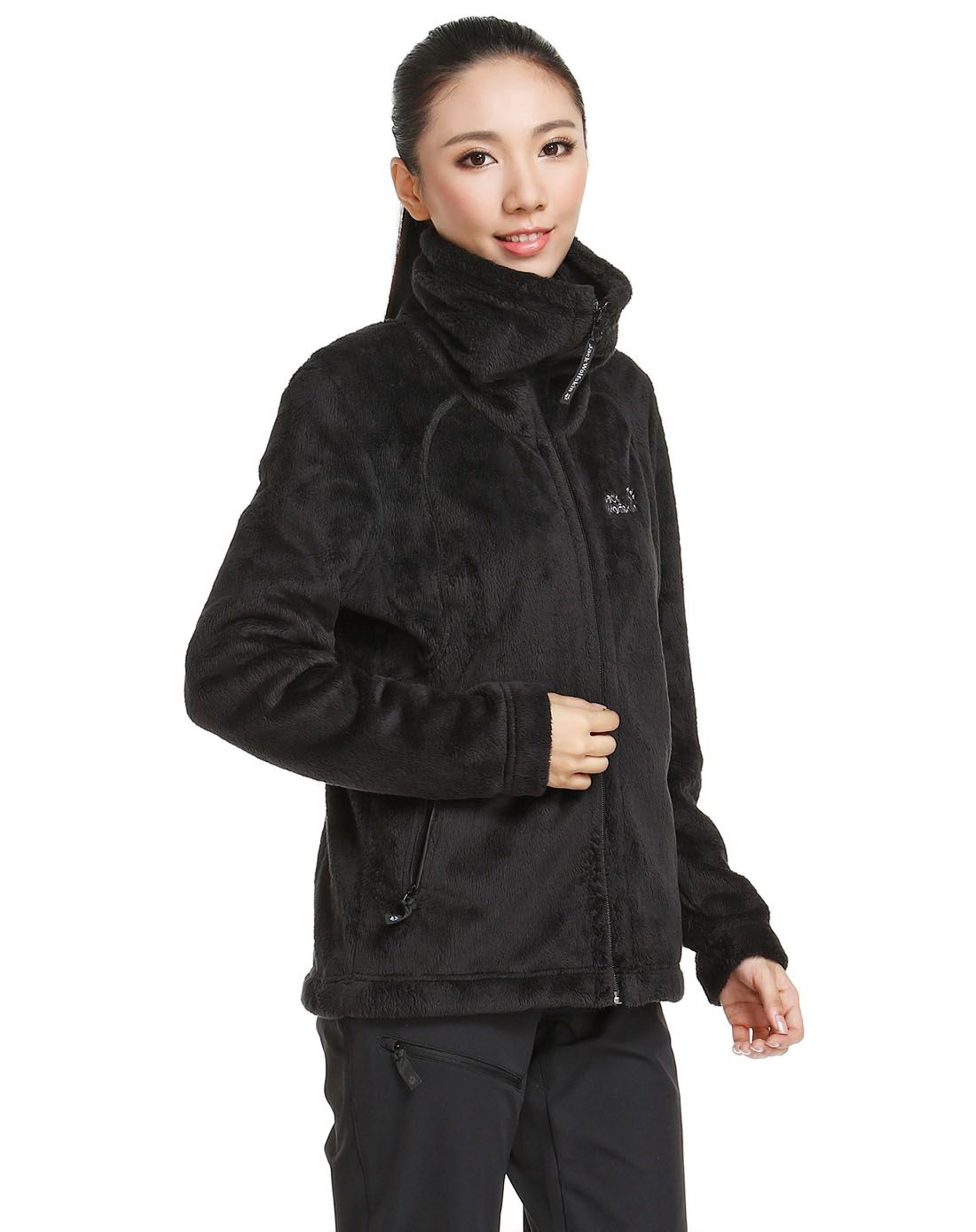 狼爪jackwolfskin户外男女柔软保暖 女款黑色长袖抓绒外套 舒适高领17