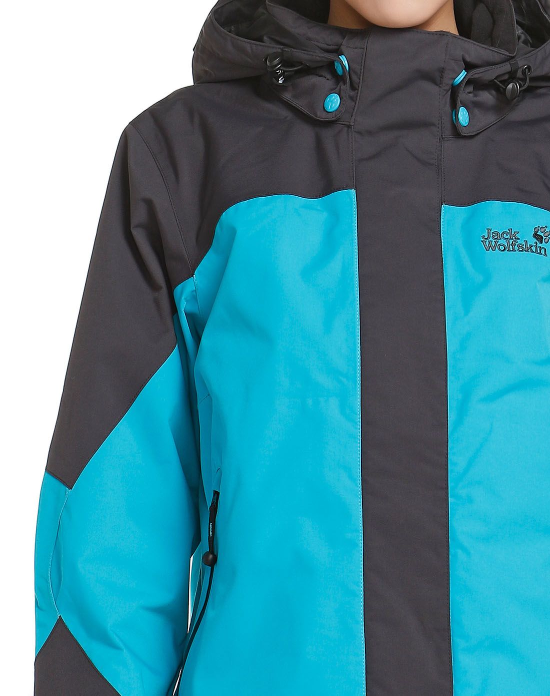 狼爪jackwolfskin户外男女女款蓝绿配黑色长袖单冲锋衣 连帽防风