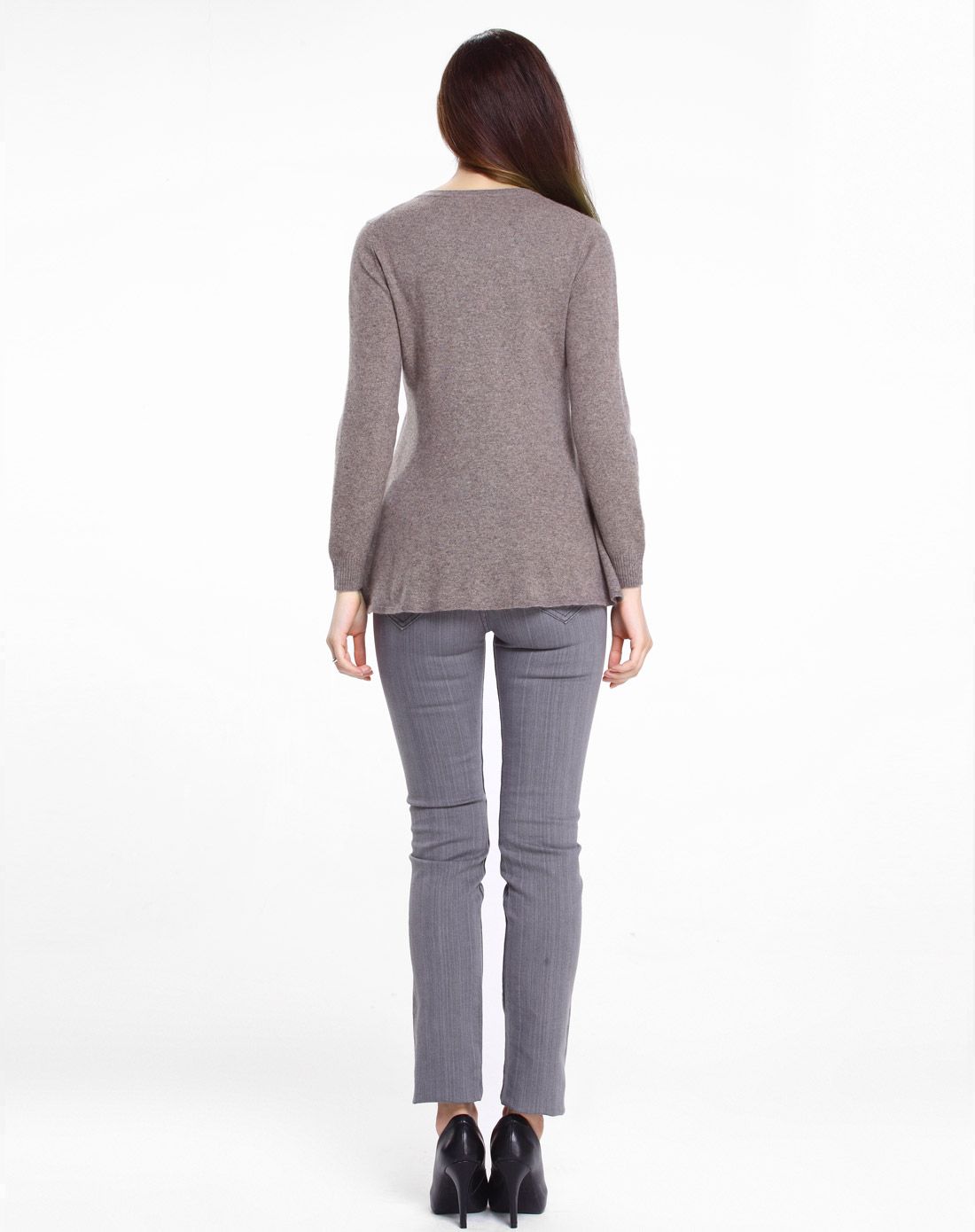 女款圆领灰驼色长袖纯羊绒衫