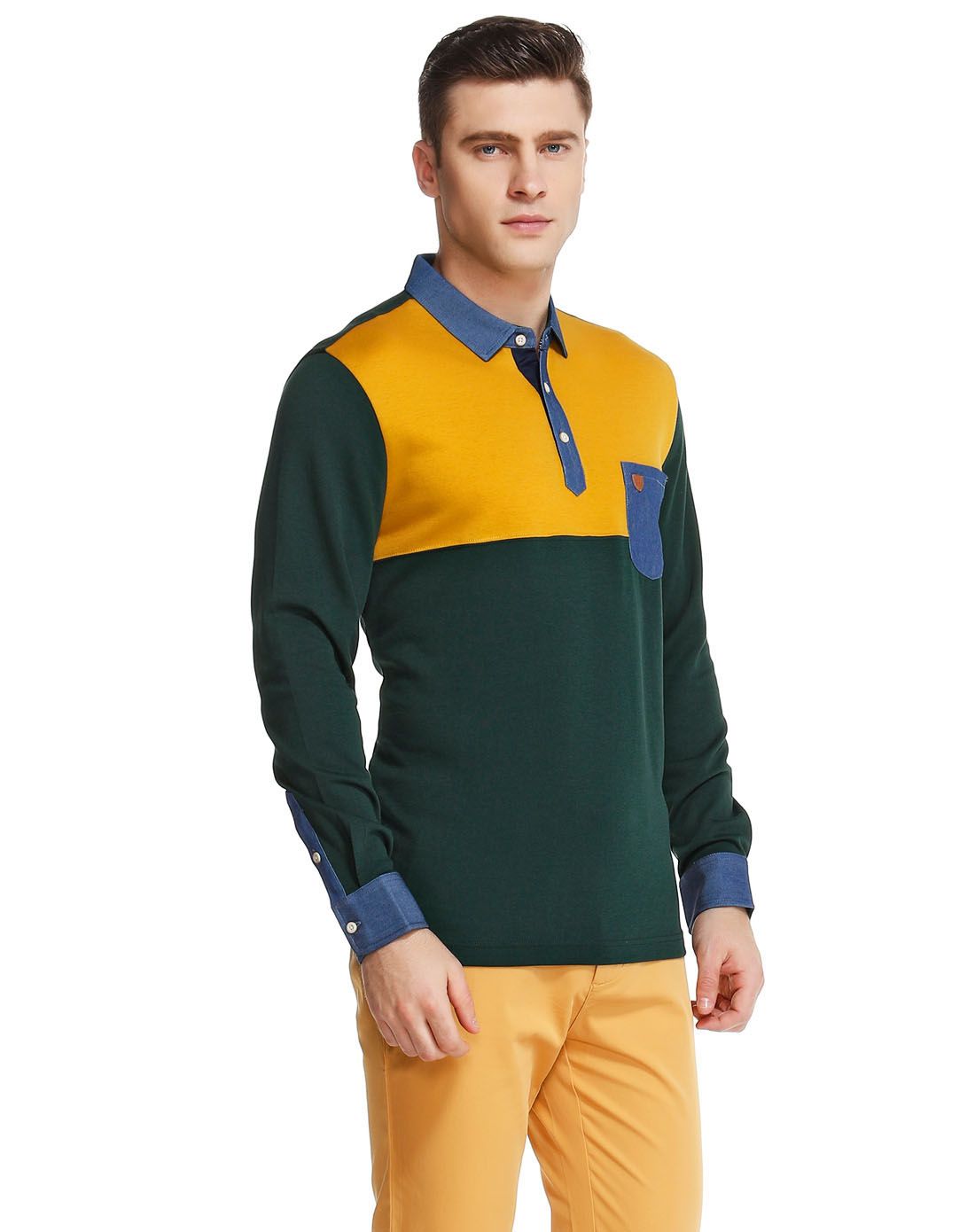 墨绿/黄色醒目拼接长袖t恤