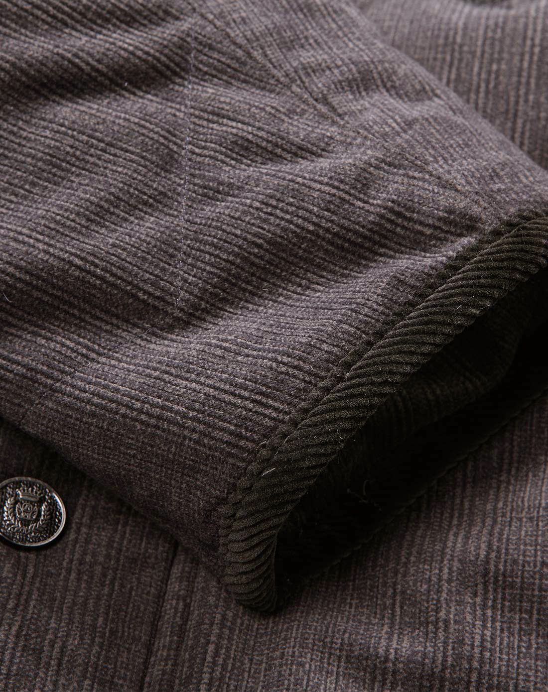 黑灰/深咖啡色拼接设计灯芯绒长袖羽绒服