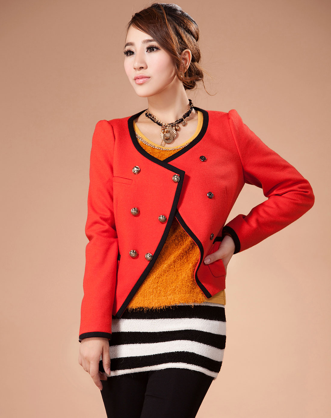 橘红色潮流双排扣长袖外套