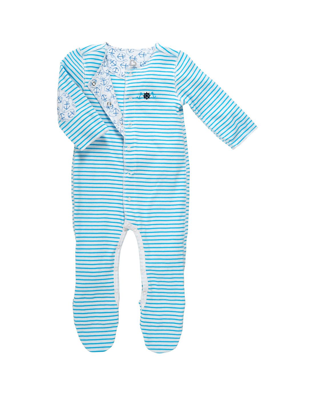 > 婴儿长袖水绿色条纹连衣裤