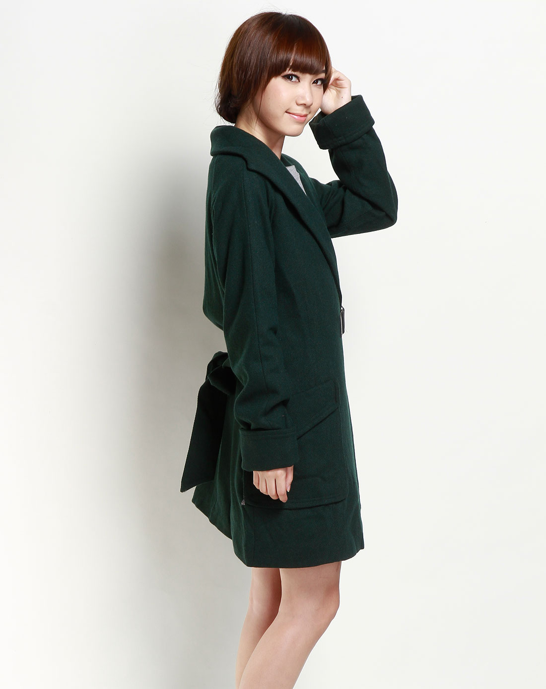 深墨绿色斜条纹双袋长袖大衣