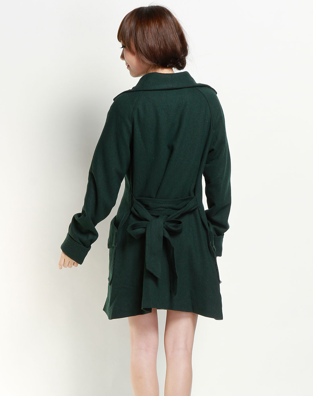 深墨绿色斜条纹双袋长袖大衣