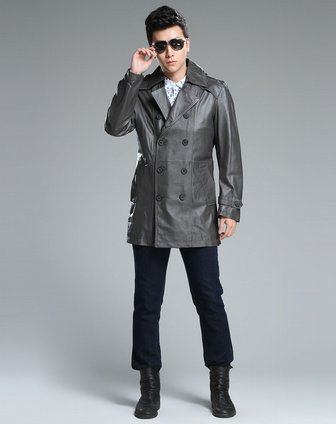 马克华菲mark fairwhale jeans男装专场-深灰色双排扣时尚长袖皮衣