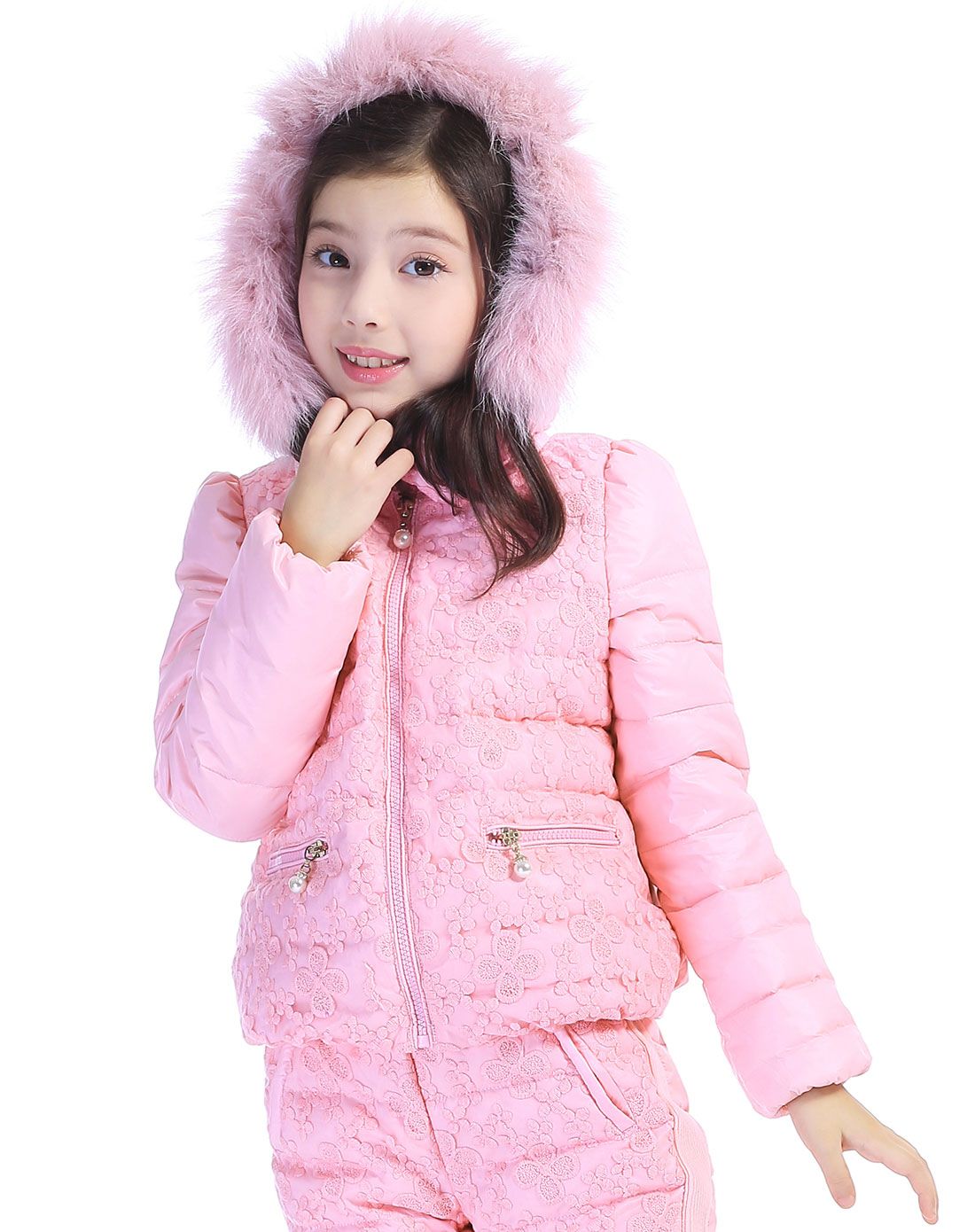 女童粉色面包领覆蕾丝连帽短款羽绒服