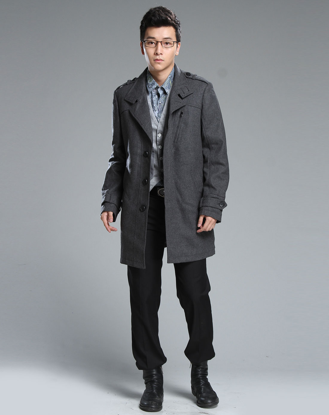 马克华菲mark fairwhale 新绅士男装专场-深灰色英伦风格长款长袖大衣