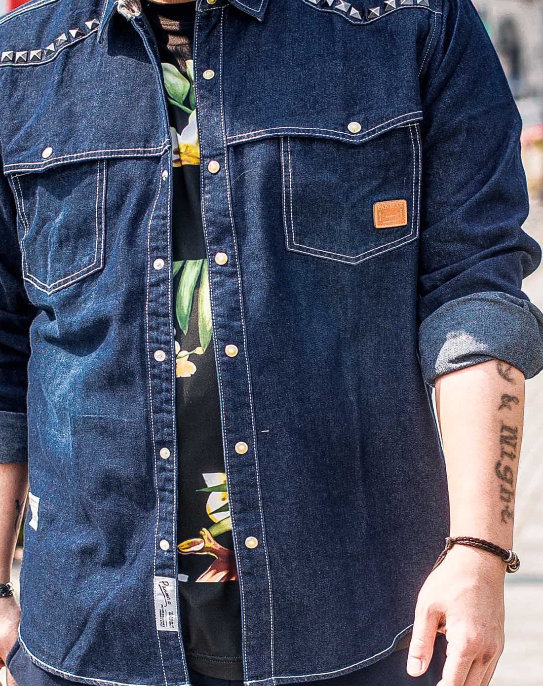 潮牌大码男装牛仔前育克打铆钉长袖衬衫