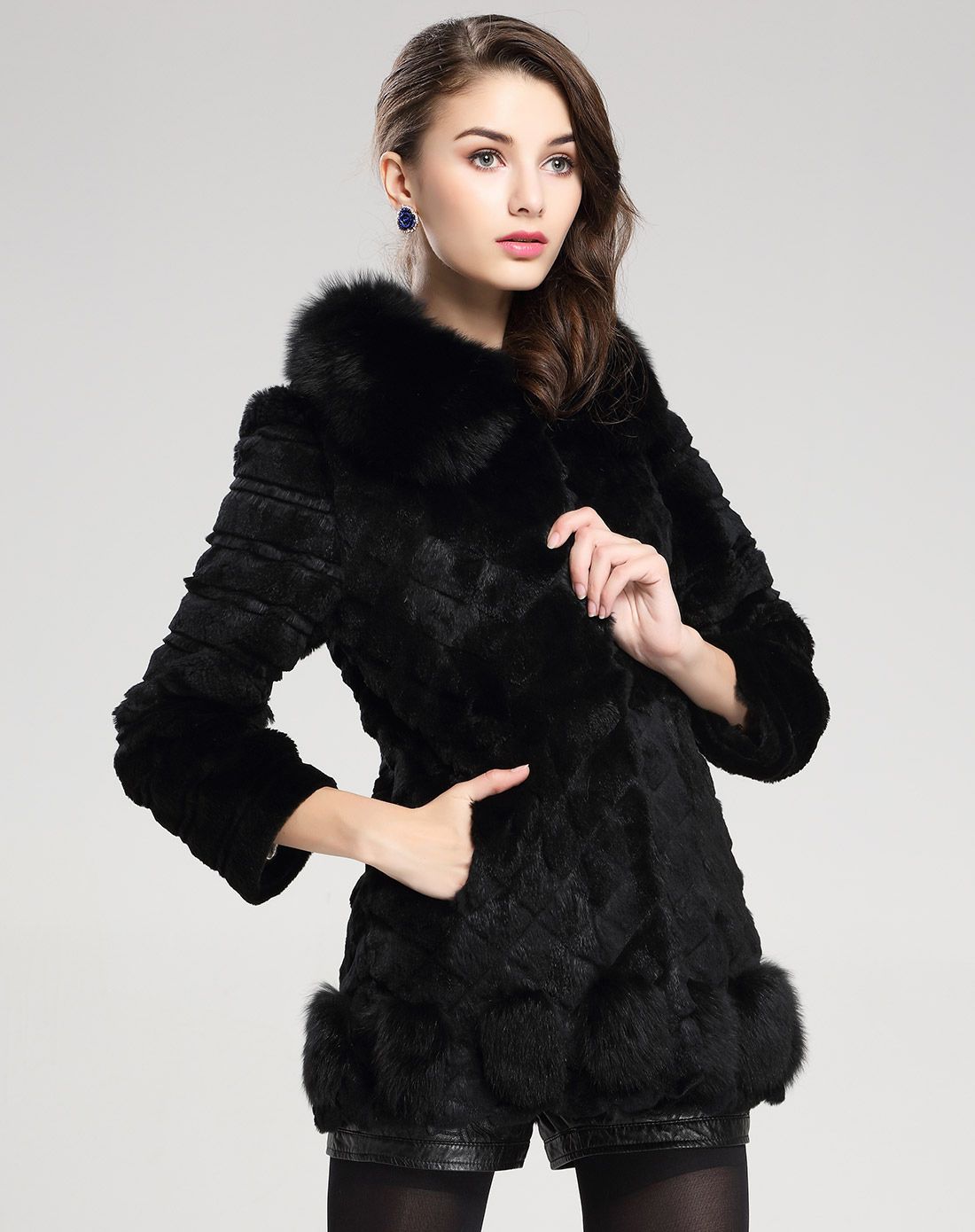 女款黑色狐狸毛领韩版时尚中长款兔毛皮草褛