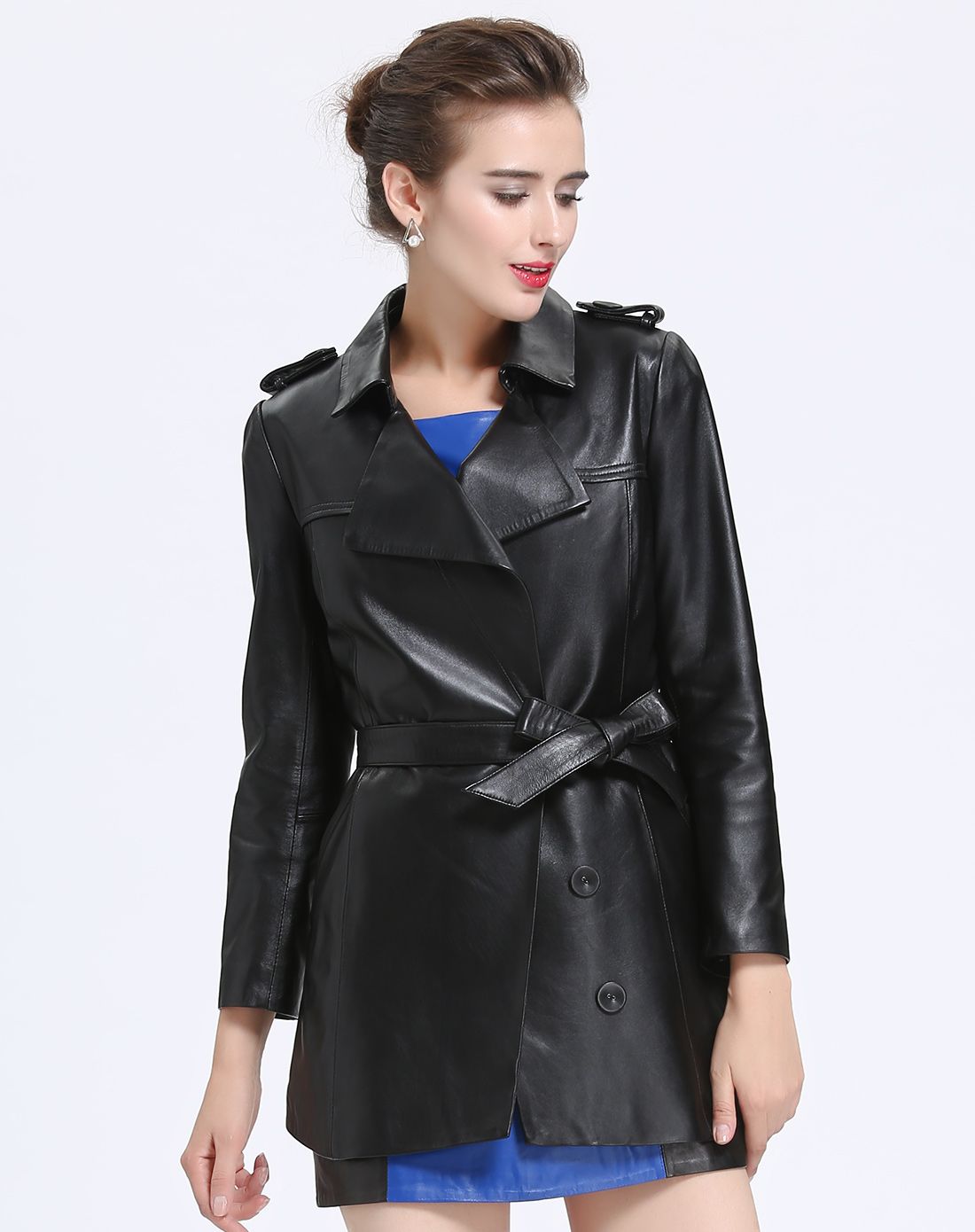 女款黑色绵羊皮v领中长款风衣