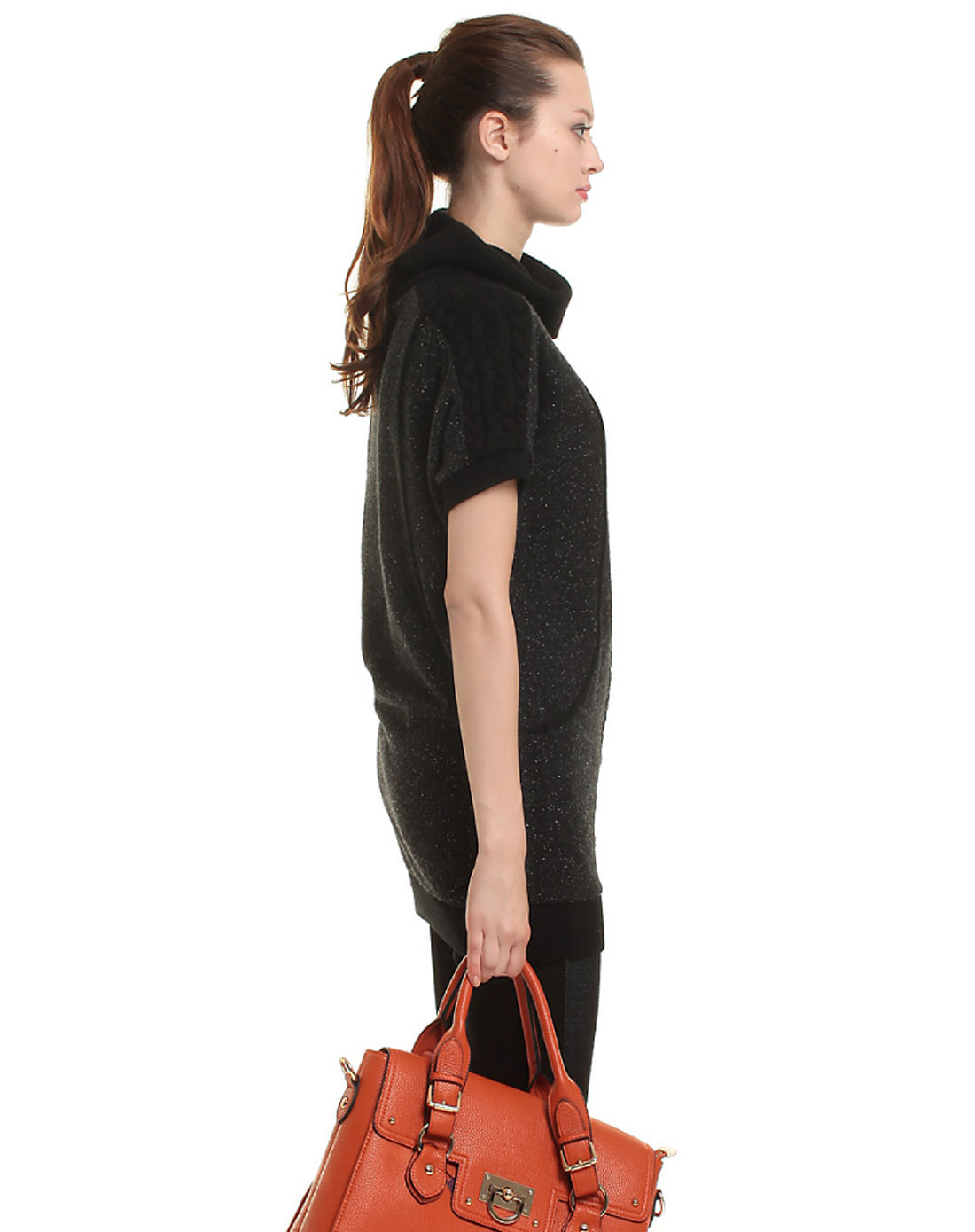 雅莹ep女装专场-黑色简约个性高领短袖针织衫