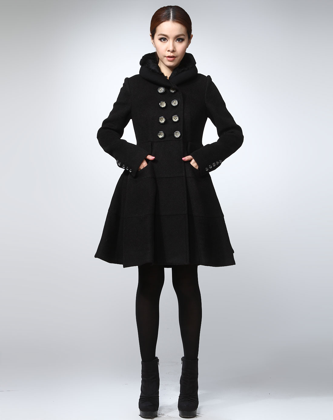 卓雅周末 黑色时尚双排扣长袖外套