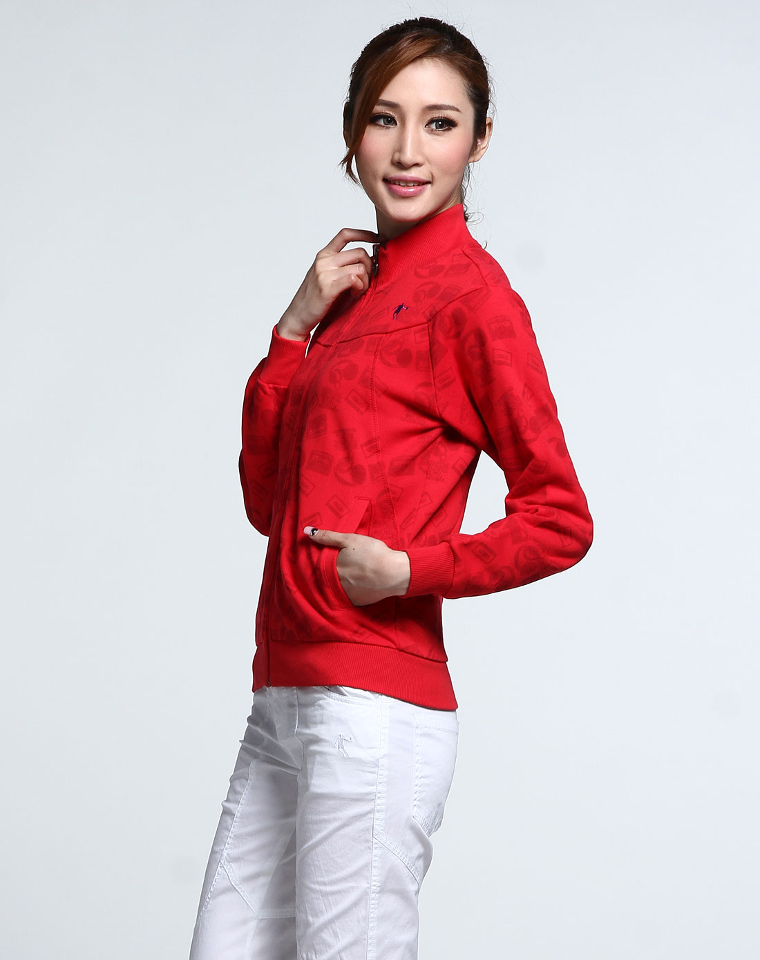 女款红色休闲活力长袖针织外衣