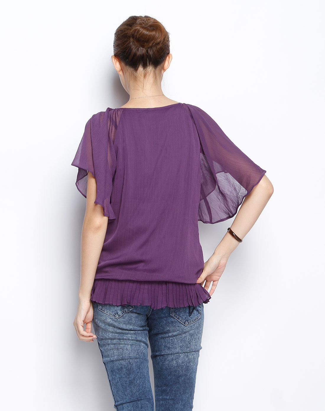 深紫色百褶时尚短袖上衣