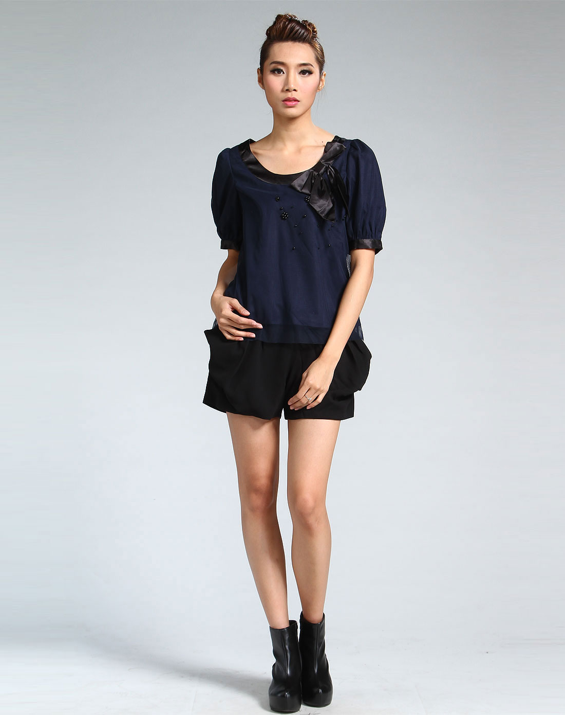 衣索espresso女装专场-深蓝色优雅时尚长袖上衣