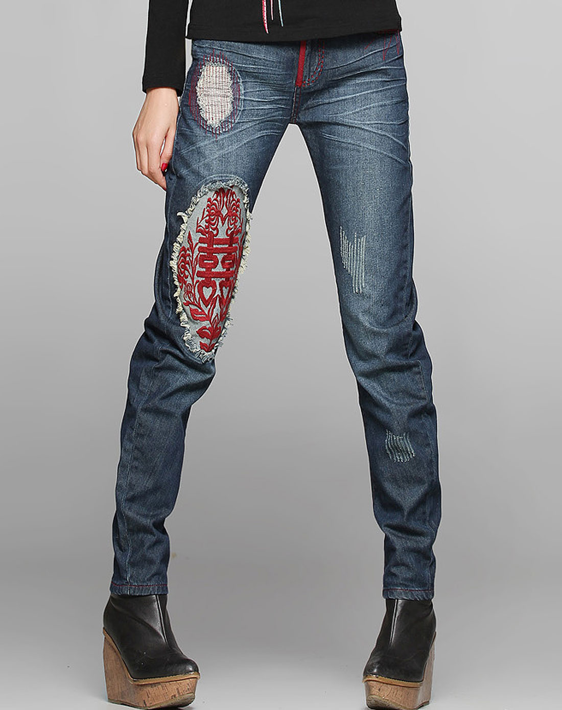 裂帛女装专场-蓝色猫须磨白绣花牛仔裤