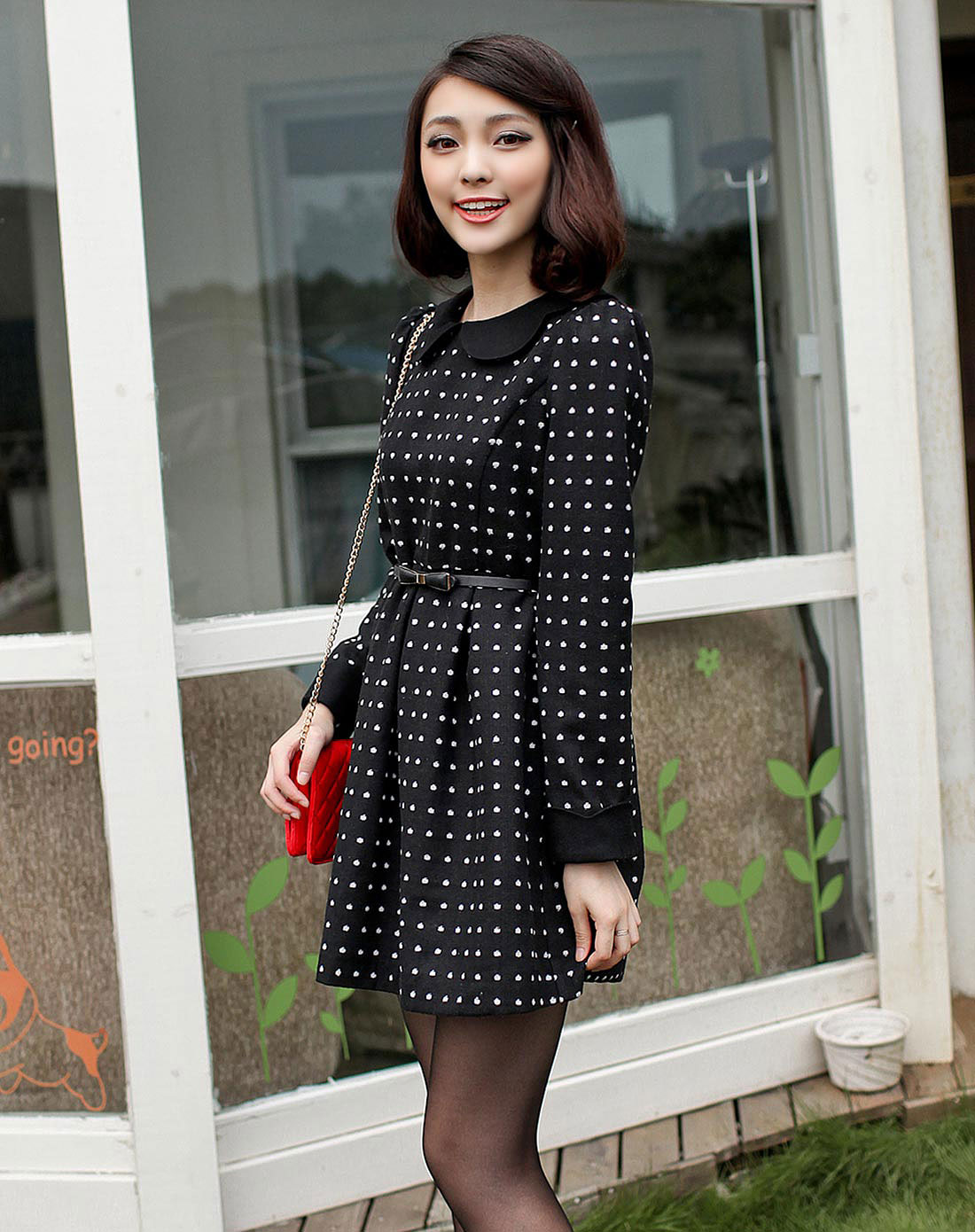 黑白色斑点经典翻领圆点铅笔连衣裙