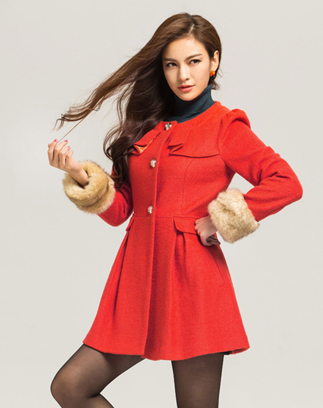 桔红色毛袖开襟时尚长袖外套