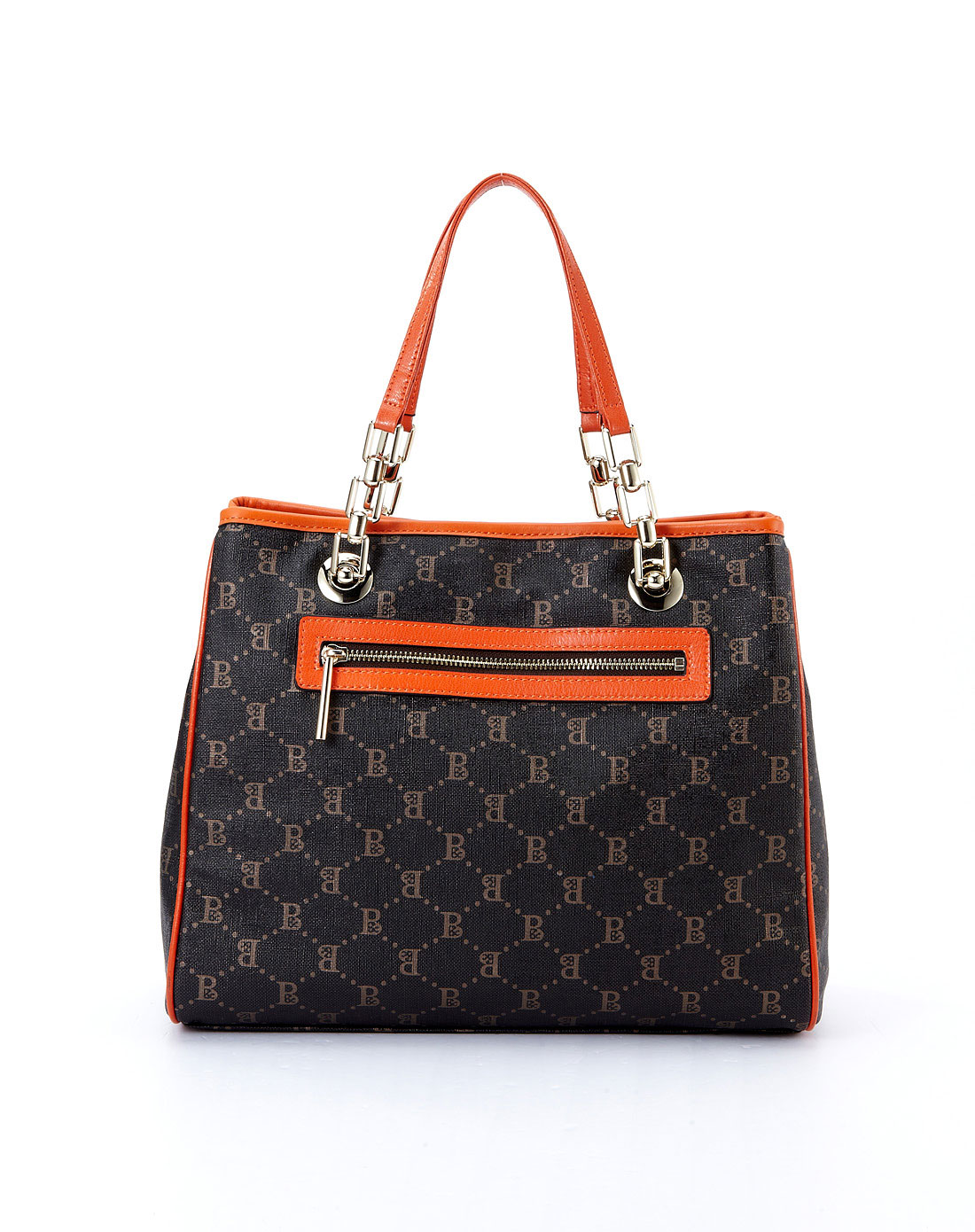 女款黑/橙色休闲图纹手提包