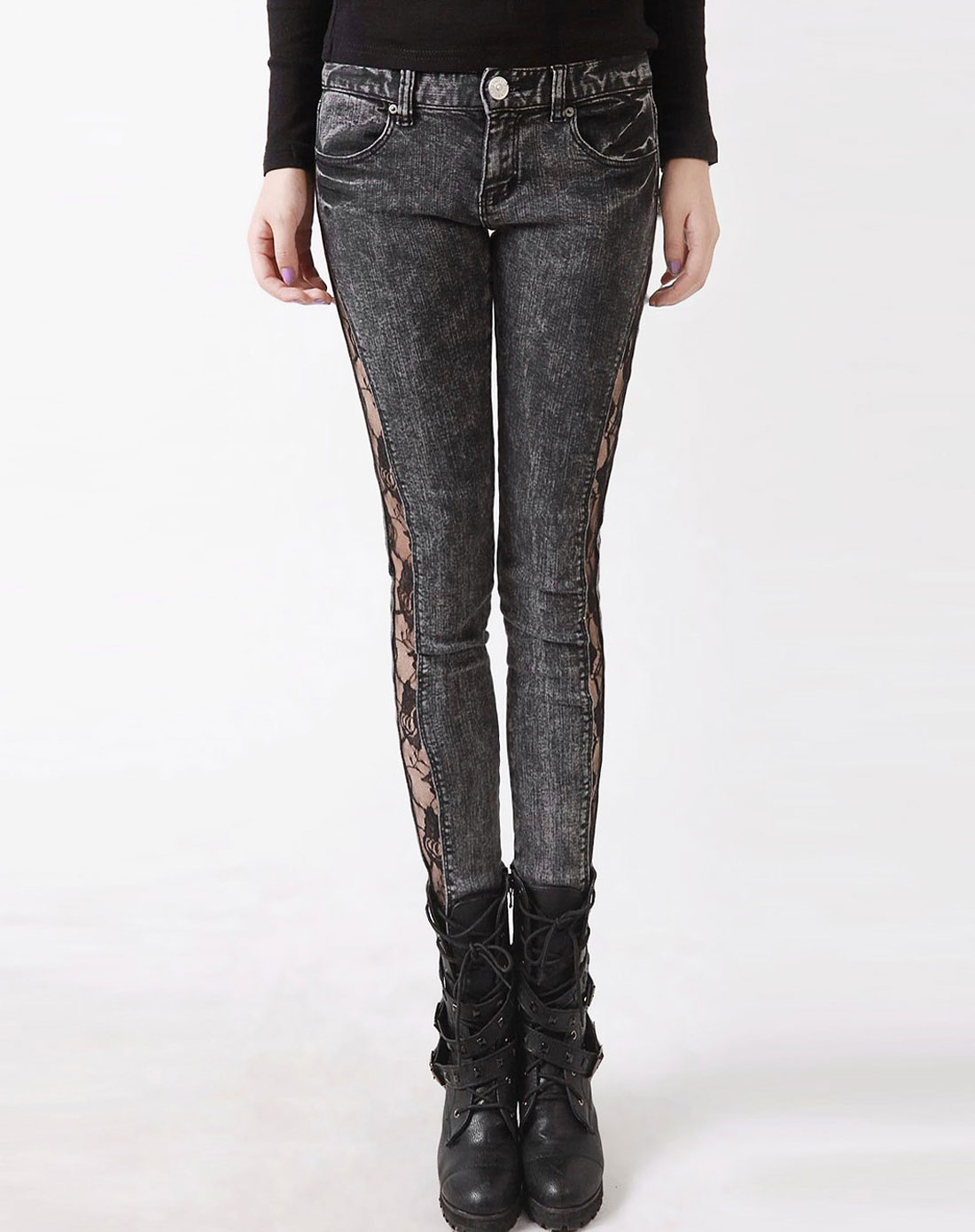 女款灰色 蕾丝镂空牛仔裤
