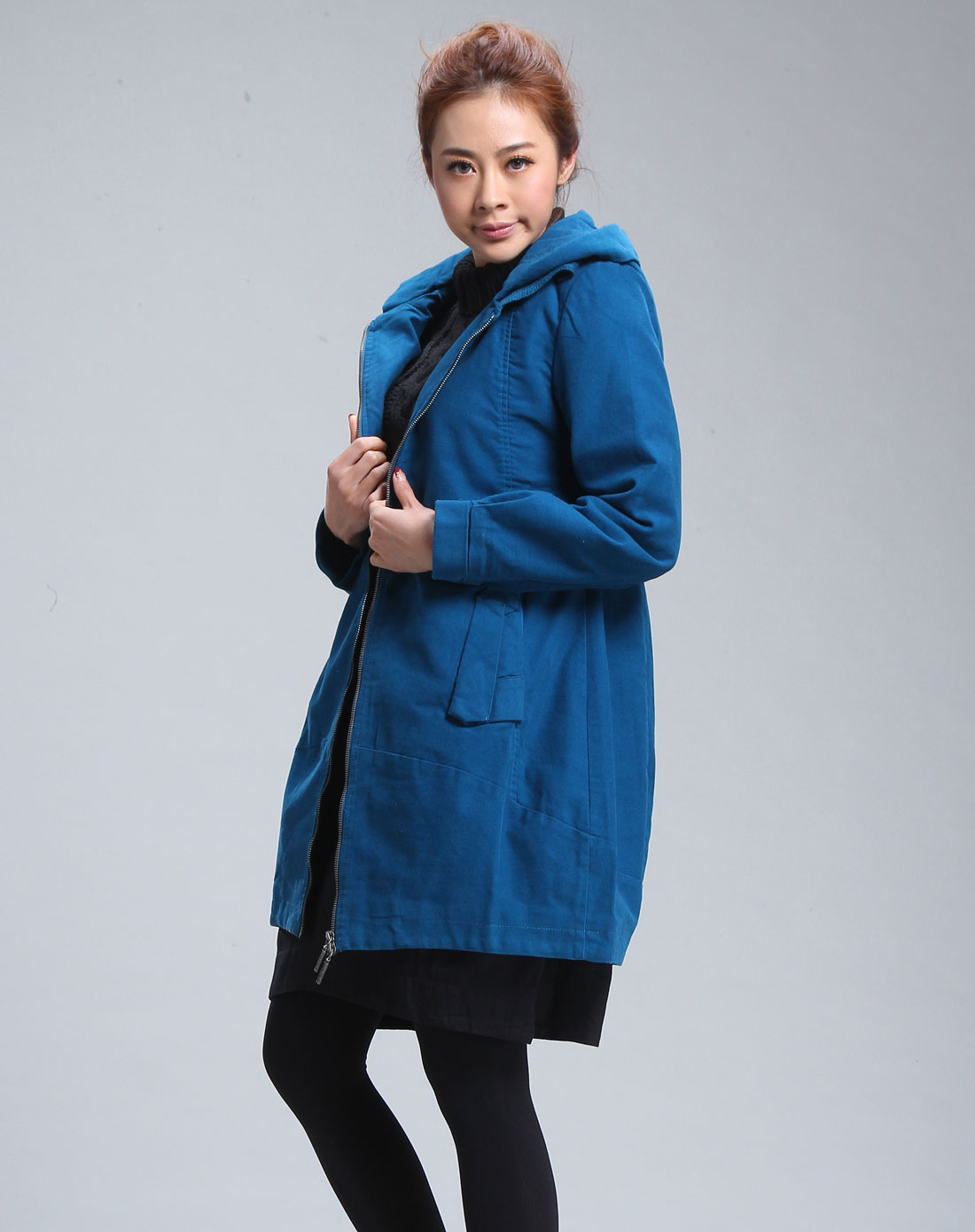 欧蒂芙oudifu女装专场-蓝色时尚长袖连帽外套