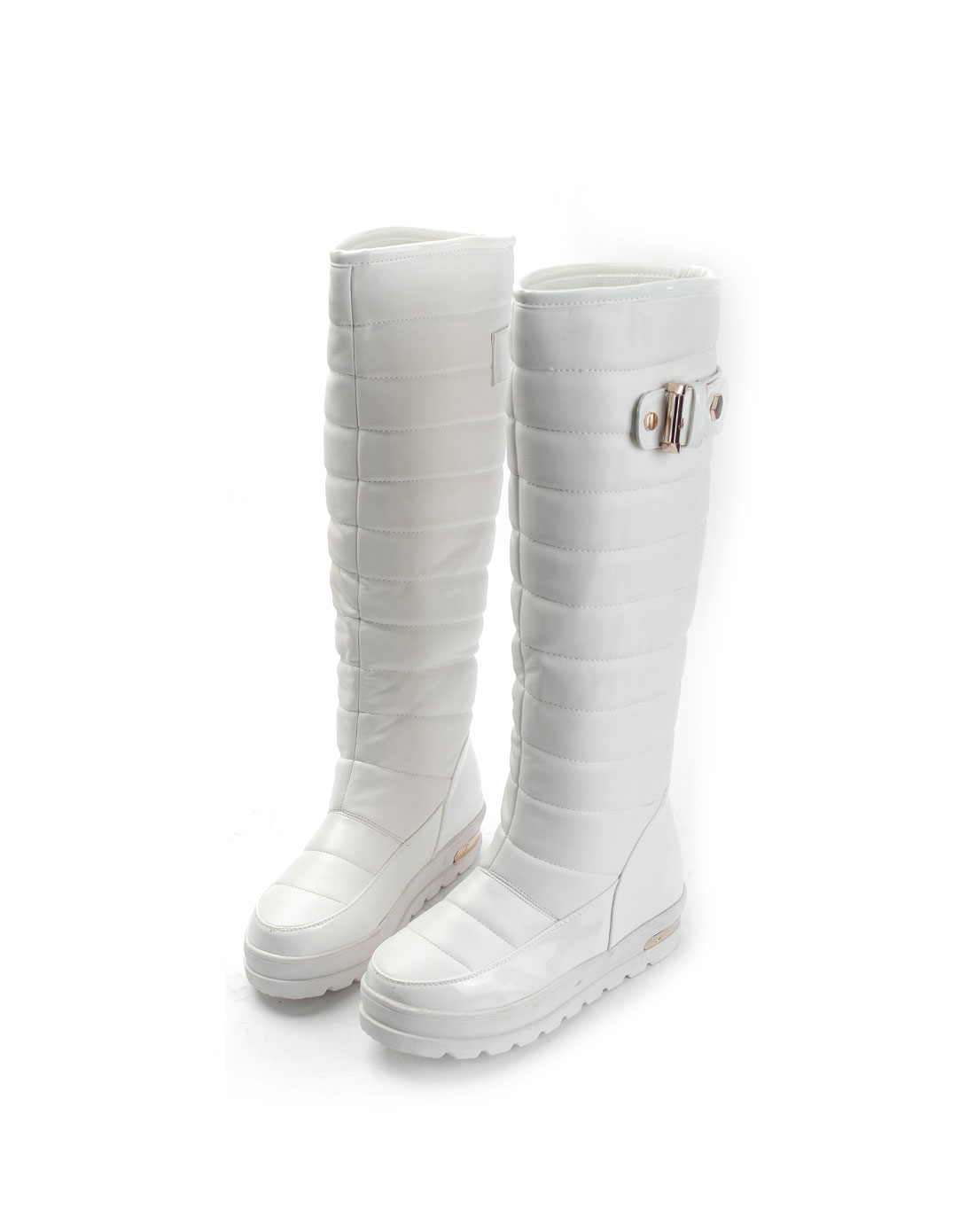 女款白色平底拼接休闲长靴