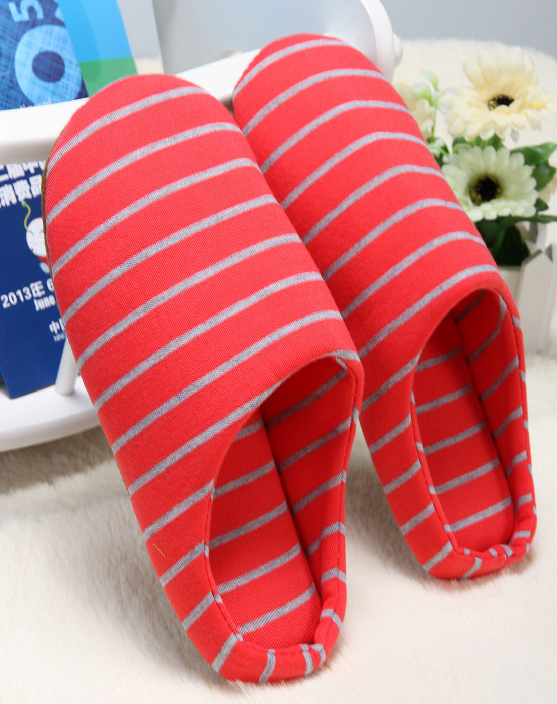 女款红色棉质条纹家居拖鞋