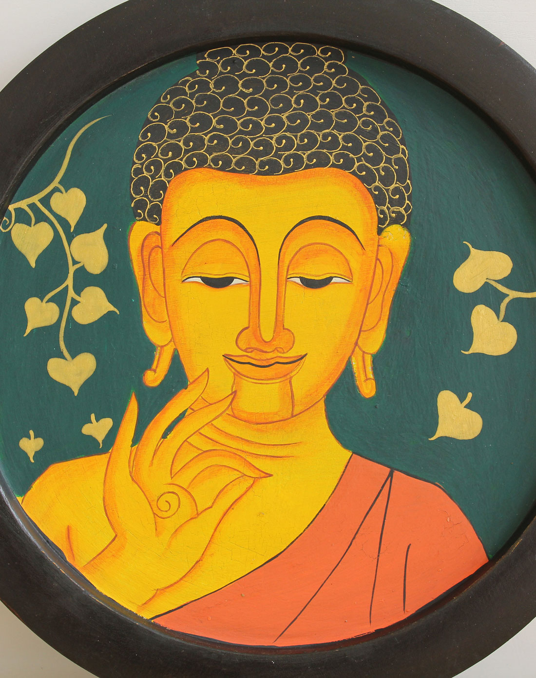 泰国天然柚木手绘墙壁挂件-拈花佛面佛盘(绿色)