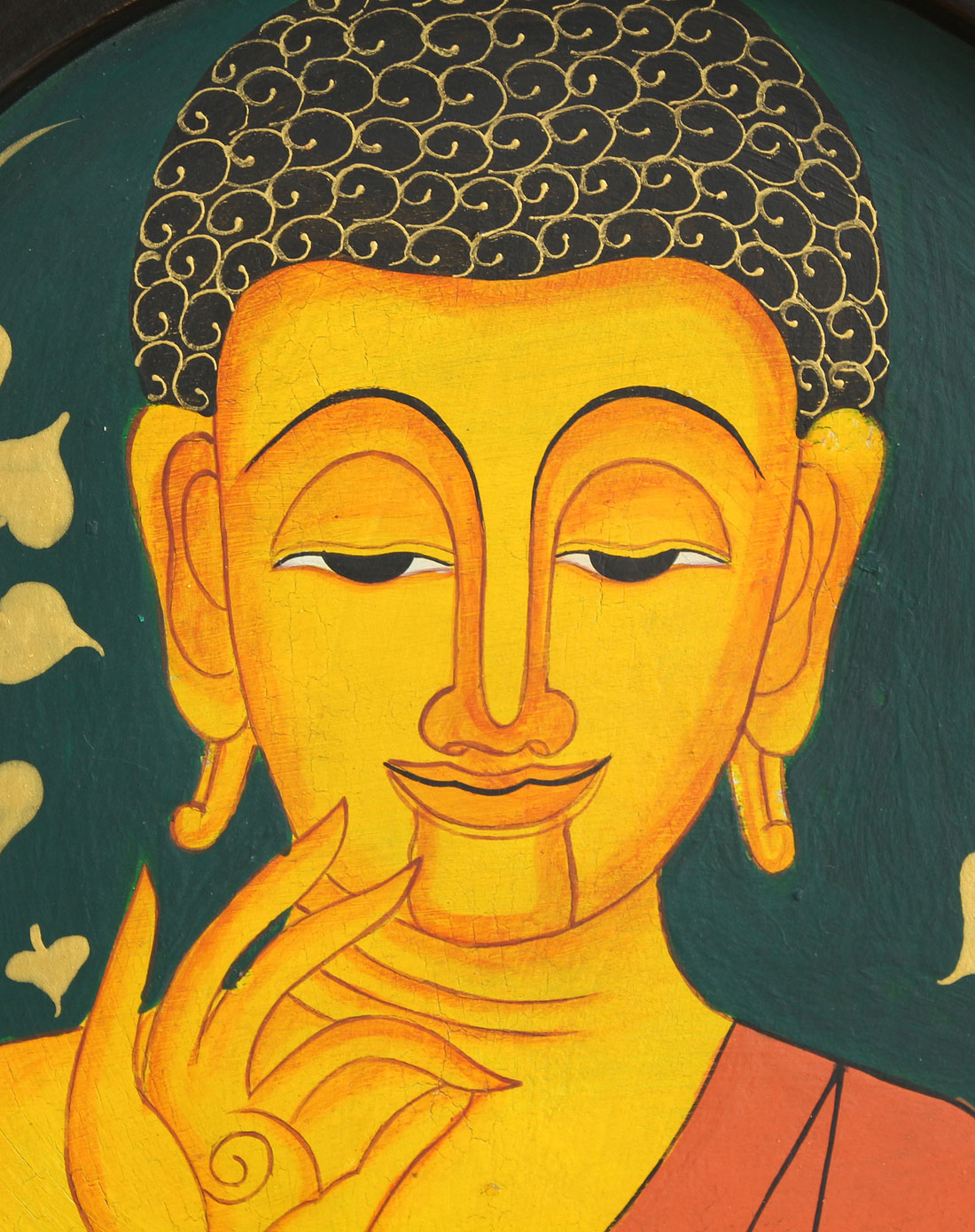泰国天然柚木手绘墙壁挂件-拈花佛面佛盘(绿色)