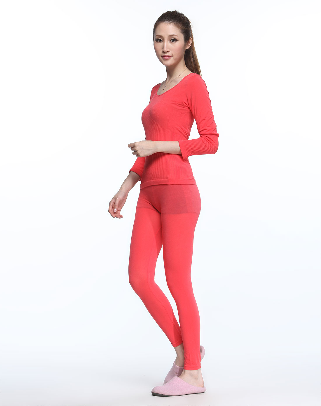 浪莎女士保暖内衣专场-桃红色无缝束身美体长袖内衣套装