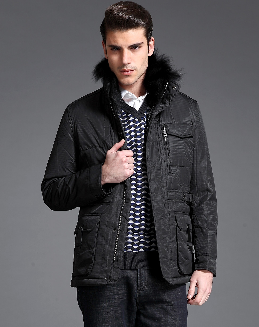 太子龙tedelon男装专场-黑色毛领拉链细格纹长袖羽绒服