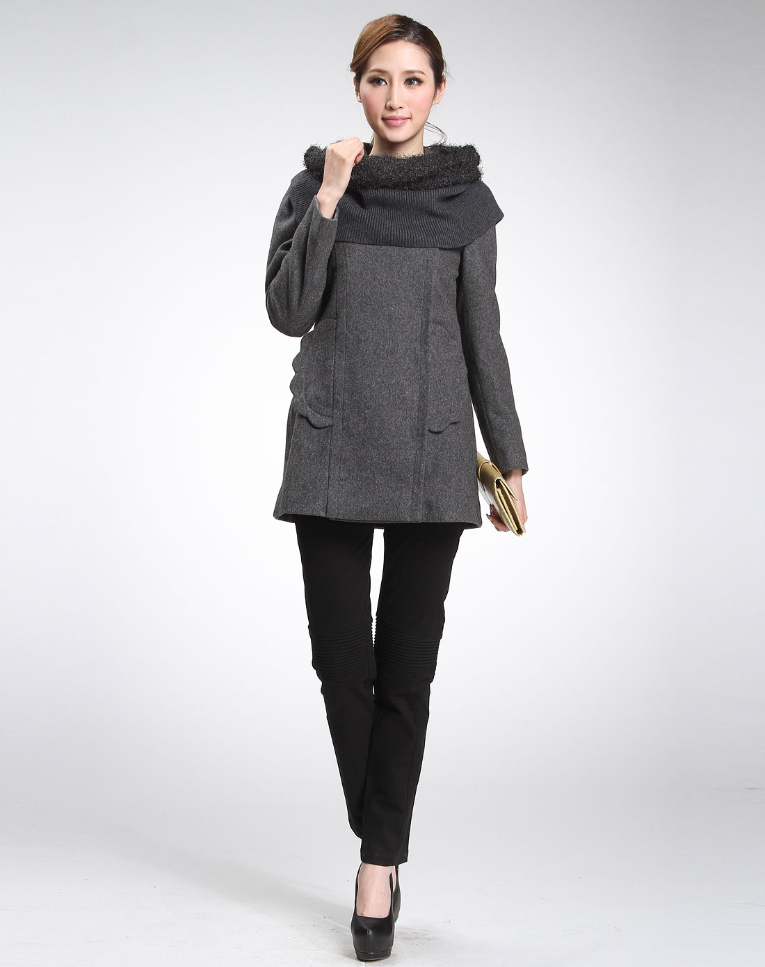 深花灰色大翻领长袖外套