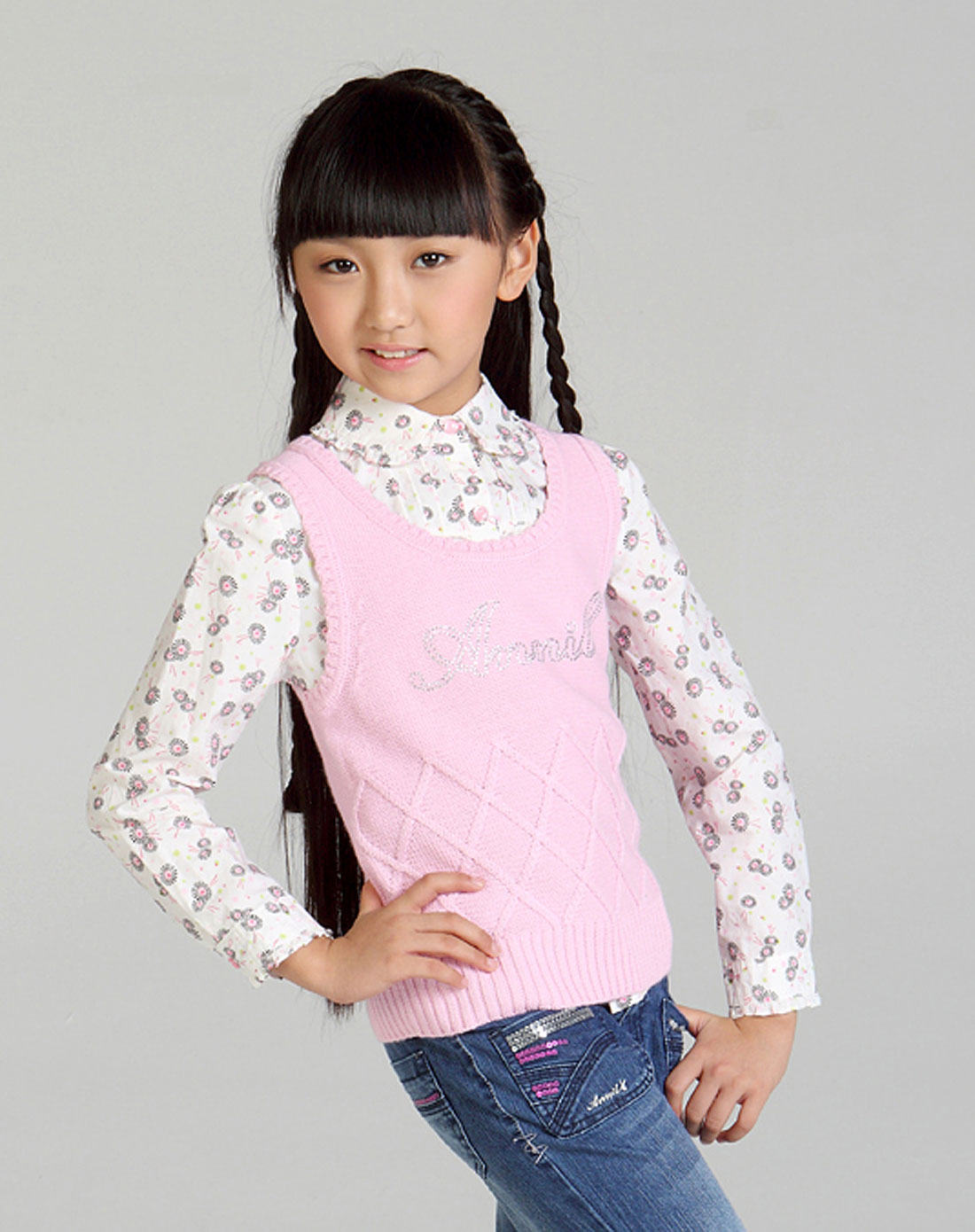 女童雪柔粉毛衫小背心