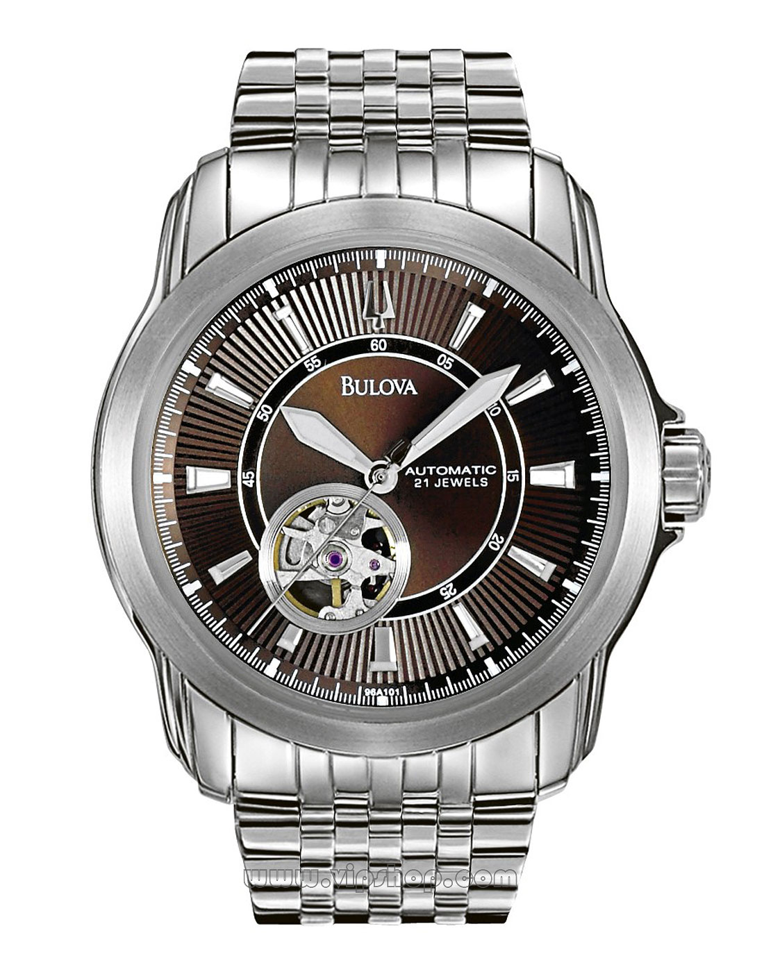 bulova 男款独立透明机芯小盘不锈钢表盘防水机械表棕/银色