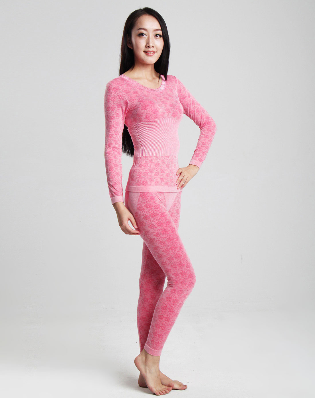 恒源祥男女混合专场-女款粉红无缝美体内衣(圆领)套装