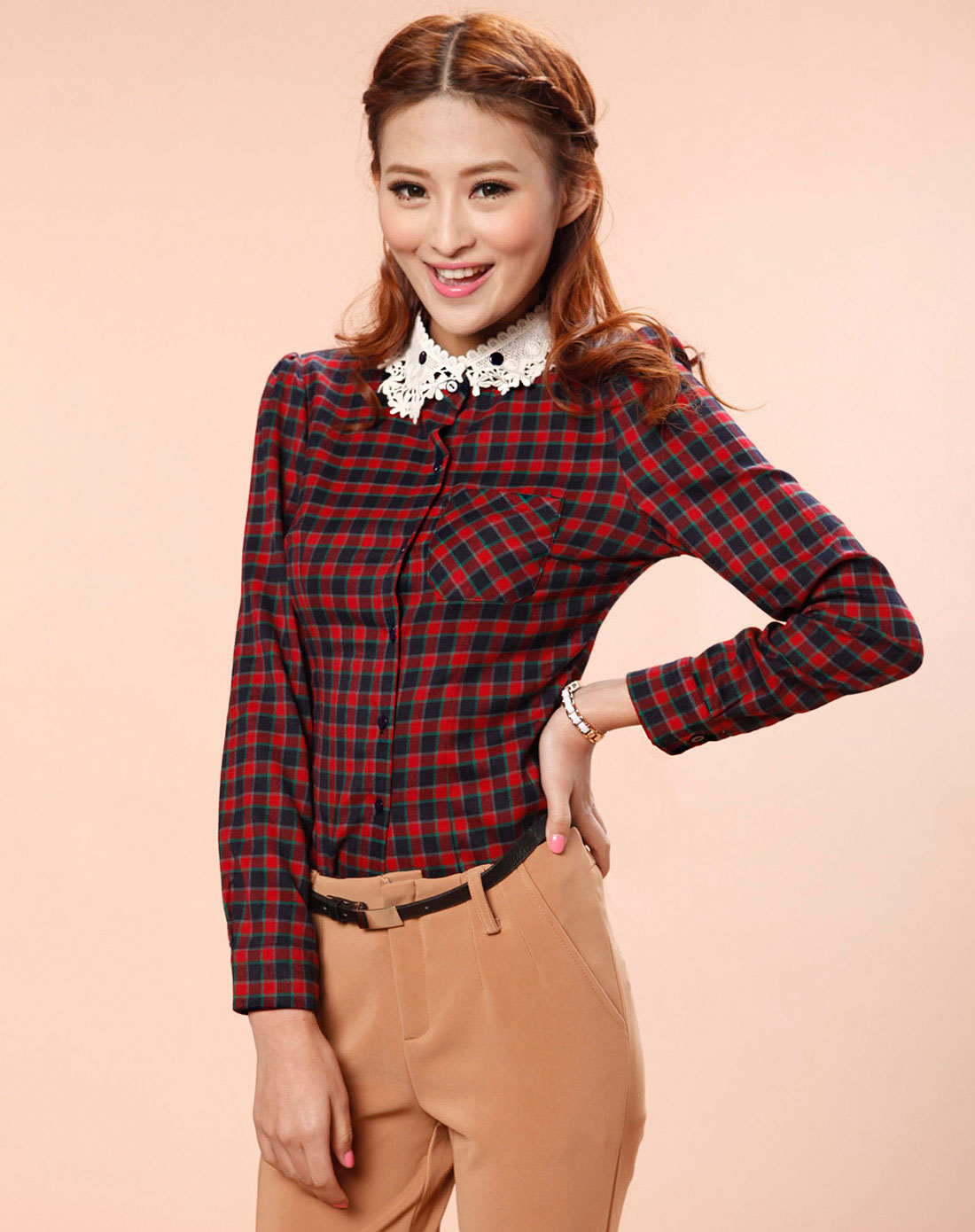 红色立领格子长袖衬衫
