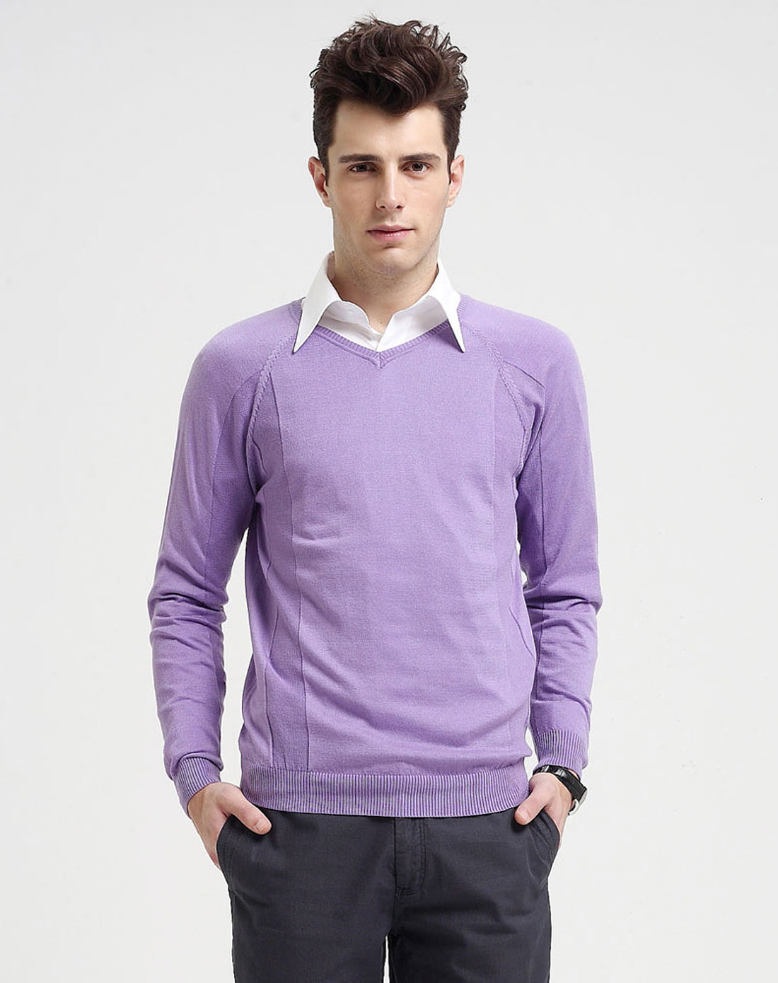 男款浅紫色v领长袖毛衫