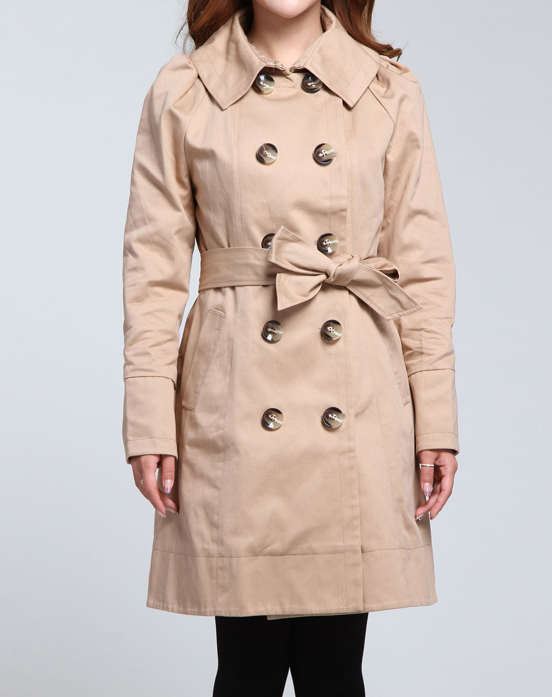 卡其色经典宽双排扣长袖风衣