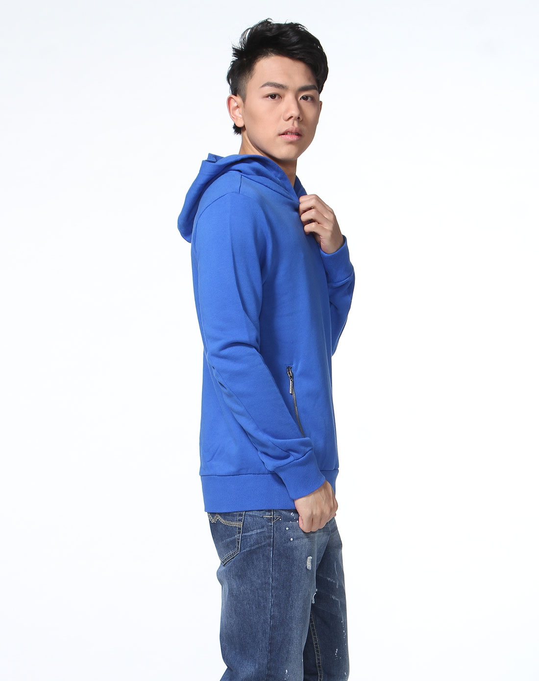 浅蓝色侧身印花连帽长袖卫衣