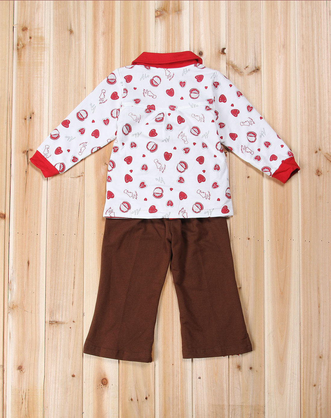 安贝儿 女童白/红色印图长袖两件套